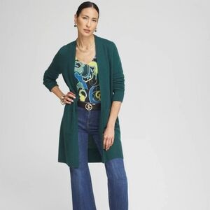 Chico’s Green Open Long Duster Cardigan Sweater Size 2 Pockets Medium